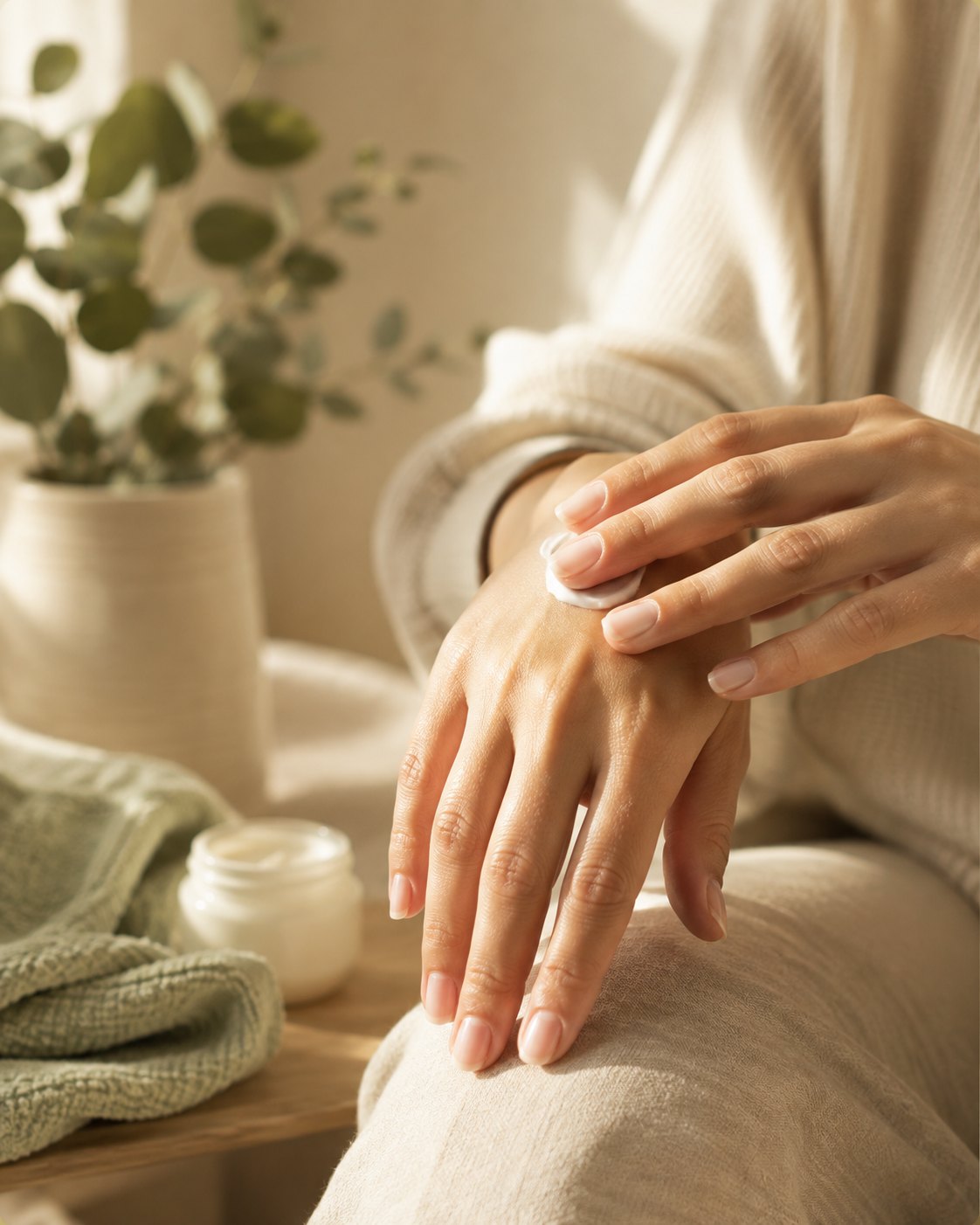 A person massaging aftercare cream into the back of their hand, with a jar of balm, a folded cloth and eucalyptus on the table beside them.