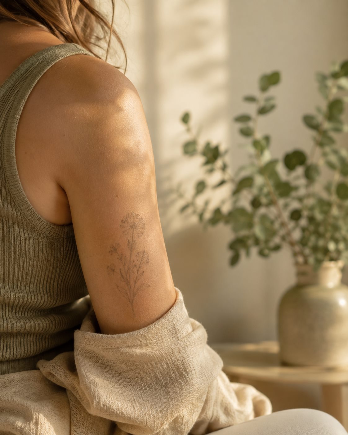 A woman sitting calmly in warm natural light, a delicate floral tattoo on her upper arm, with eucalyptus in a vase beside her.